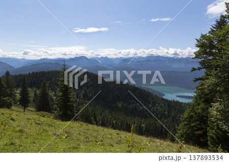 Panorama mountain view from Jochberg to lake Walchensee Panorama mountain view from Jochberg to lake Walchensee 137893534