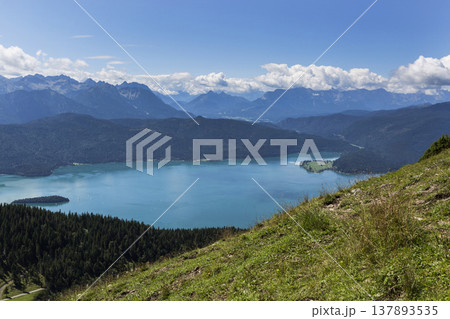 Panorama mountain view from Jochberg to lake Walchensee Panorama mountain view from Jochberg to lake Walchensee 137893535