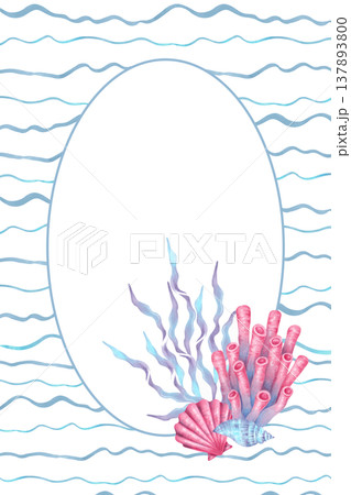 Vertical postcard with frame against a backdrop of waves featuring a composition of shells, coral, seaweed. Hand drawn watercolor illustration. Suitable for card, invitations, print, nautical design. Vertical postcard with frame against a backdrop of waves featuring a composition of shells, coral, seaweed. Hand drawn watercolor illustration. Suitable for card, invitations, print, nautical design. 137893800