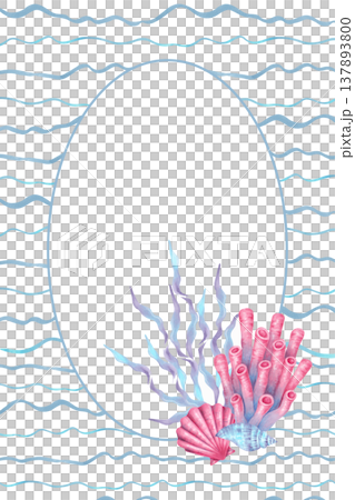 Vertical postcard with frame against a backdrop of waves featuring a composition of shells, coral, seaweed. Hand drawn watercolor illustration. Suitable for card, invitations, print, nautical design. Vertical postcard with frame against a backdrop of waves featuring a composition of shells, coral, seaweed. Hand drawn watercolor illustration. Suitable for card, invitations, print, nautical design. 137893800