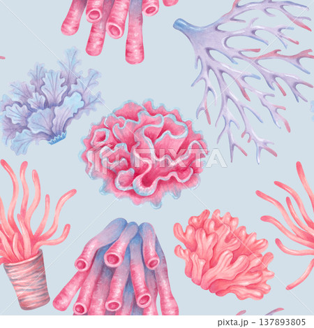 Seamless pattern with colorful corals. Watercolor illustration of underwater marine animals. Hand drawn art. Coral reef background for nature motifs, fabrics, textiles and packaging. 137893805