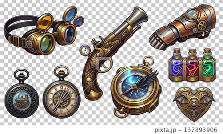 復古蒸氣龐克武器、配件和角色扮演遊戲物品向量圖。 137893906