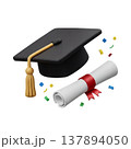 A 3D render of a graduation cap with a tassel, a diploma scroll, and confetti, symbolizing academic achievement and celebration. 137894050