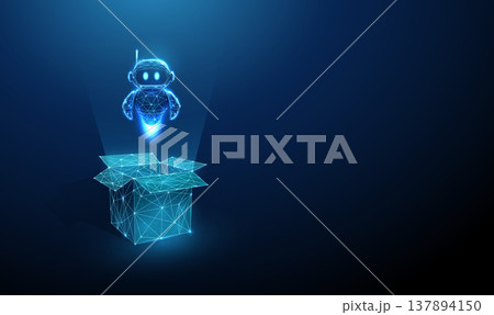 3d blue cute robot above an open box. Preconfigured intelligent assistant, automated workflow solution, smart digital assistant deployment, virtual assistant concept. 137894150
