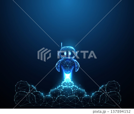 3d robot launching upward surrounded by clouds of smoke. AI startup launch, rapid deployment, technology breakthrough, innovation boost, automation activation concept. 137894152