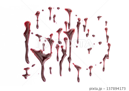 A blood spatter. A blood flowing down. Bloody pattern. Concepts of blood can be used in design. An image of dark crimson blood oozing and dripping down a stark white background. A blood spatter. A blood flowing down. Bloody pattern. Concepts of blood can be used in design. An image of dark crimson blood oozing and dripping down a stark white background. 137894173