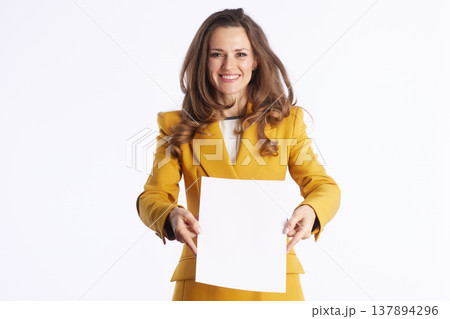 Manager Offering Blank Sheet to Camera 137894296