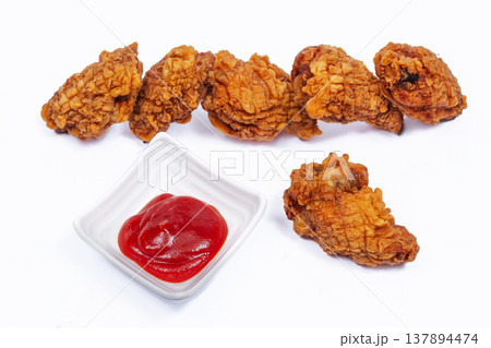 Row Of Fried Chicken Pieces Ketchup Dip Lined Texturerich Bites Communal Platter Suggestion, Crunchy 137894474