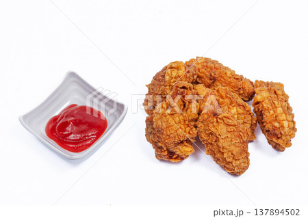 Crispy Fried Chicken Pieces With Ketchup Dip, Thick Crunchy Crust Golden Finish, Rustic Comfort Meal 137894502