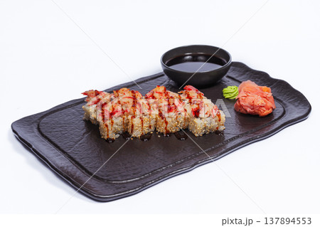 Creamy Sauce Drizzled Sushi Roll Highlighting Delicate Sesame Finish, Soy Dish Elegant Plating, Cozy 137894553