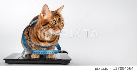 Bengal cat on digital scale with measuring tape checking weight 137894564