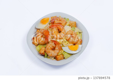 Fresh Shrimp Salad Bowl With Lettuce, Avocado Slices, Boiled Egg Halves Crunchy Croutons. Studiolit Fresh Shrimp Salad Bowl With Lettuce, Avocado Slices, Boiled Egg Halves Crunchy Croutons. Studiolit 137894578