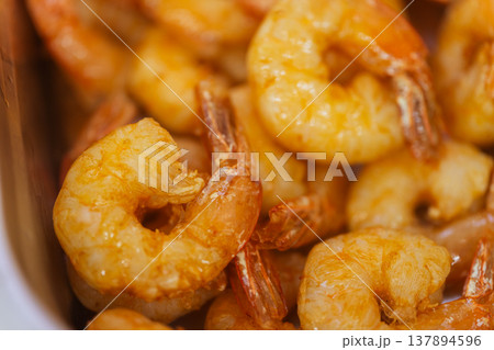 Glazed Juicy Shrimp Closeup Showcasing Glossy Surface And Succulent Texture, Chef Plating 137894596