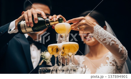 Wedding - Asian Bride and Groom Pouring Champagne Tower Together at Elegant Reception Celebration 137894901