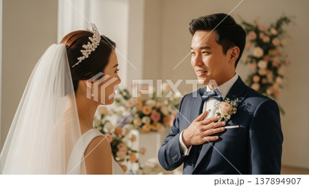 Wedding - Asian Bride and Groom Sharing Tender Moment at Elegant Ceremony with Floral Decorations 137894907
