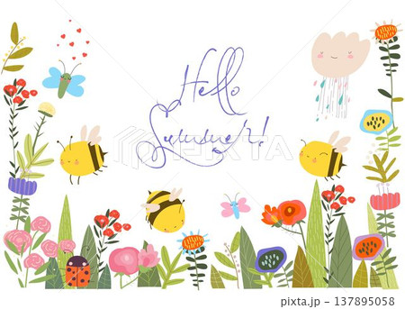 Cute Cartoon Frame with Summer Flowers, Plants and Bees Cute Cartoon Frame with Summer Flowers, Plants and Bees 137895058