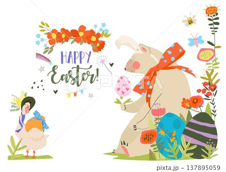 Easter Card with Flowers, Bear and Easter Eggs 137895059