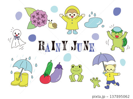 6月の梅雨モチーフとミニキャライラスト集 137895062