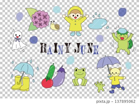 6月の梅雨モチーフとミニキャライラスト集 137895062
