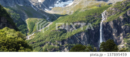 waterfalls on steep mountains in Olden, Norway 137895459