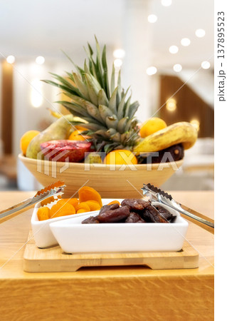 Dried apricots and dates on breakfast buffet 137895523