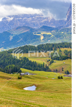 Alpe di Siusi, Italy aerial panorama, Dolomites Alpe di Siusi, Italy aerial panorama, Dolomites 137895530