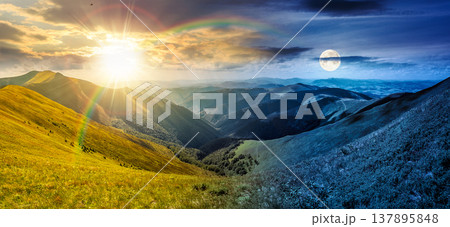 panoramic image of rolling alpine mountain ridge. day meet night. sun and moon over gorgeous summer landscape with hillside meadow under cloudy sky. remote vista with distant valley and forested slope panoramic image of rolling alpine mountain ridge. day meet night. sun and moon over gorgeous summer landscape with hillside meadow under cloudy sky. remote vista with distant valley and forested slope 137895848
