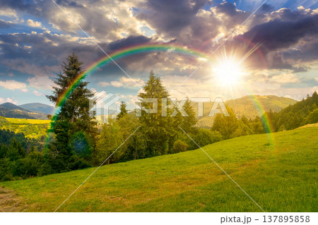 sunset over mountain hay field. alpine countryside summer landscape with green valley behind the woods on the grassy slope. cloudy sky. spectacular highland background under the rainbow sunset over mountain hay field. alpine countryside summer landscape with green valley behind the woods on the grassy slope. cloudy sky. spectacular highland background under the rainbow 137895858