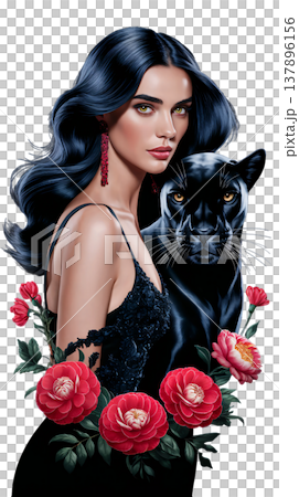This image is a digital art portrait of a woman with long dark hair and a panther surrounded by flowers This image is a digital art portrait of a woman with long dark hair and a panther surrounded by flowers 137896156