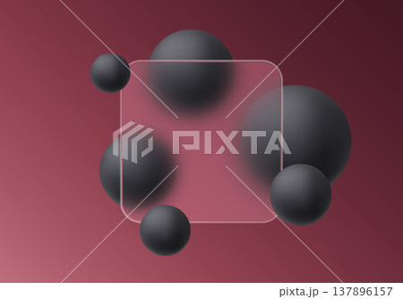 Glassmorphism panel with matte black spheres on red gradient background for modern UI concept 137896157