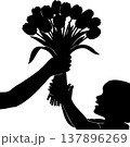 Silhouette of an adult's hand giving a bouquet of tulips to a child's hand, a gesture of love and appreciation. 137896269