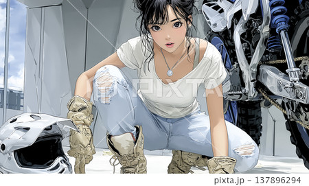 ガレージでバイクをメンテナンスする若い女性ライダー｜整備作業のイメージ 137896294