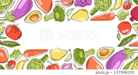 Hand drawn fruit and vegetable border. Flat style illustration background for healthy food menu, organic packaging and grocery store. 137896295