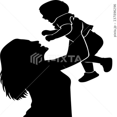 Silhouette of a joyful mother lifting her happy baby into the air. 137896296