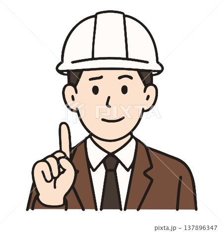 Male engineer suit helmet safety pointing up instruction cartoon white background 137896347
