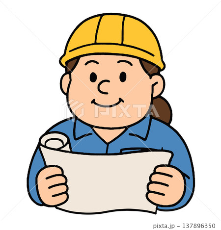 Female engineer, yellow helmet, blue uniform, holding blueprint, smiling, cartoon style Female engineer, yellow helmet, blue uniform, holding blueprint, smiling, cartoon style 137896350
