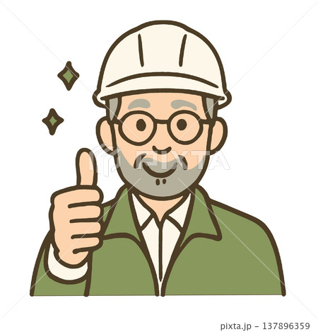 Smiling elderly man, glasses, helmet, green jacket, thumbs up, approval, cartoon style Smiling elderly man, glasses, helmet, green jacket, thumbs up, approval, cartoon style 137896359