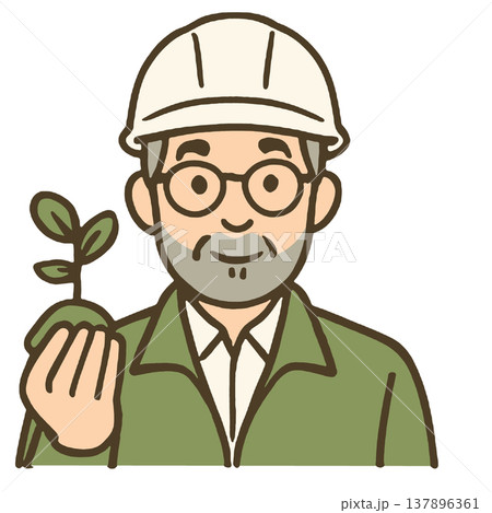 Elderly man, glasses, helmet, green jacket, holding plant, smiling, environmental care Elderly man, glasses, helmet, green jacket, holding plant, smiling, environmental care 137896361