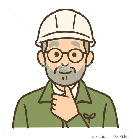 Elderly man, construction worker, safety helmet, glasses, beard, thoughtful expression 137896362