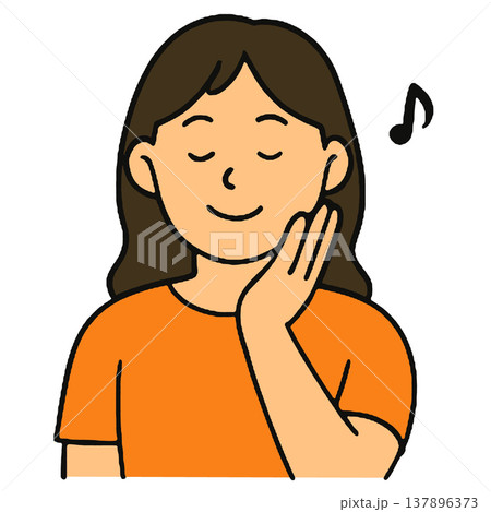 Woman orange shirt long hair smiling hand on cheek music note relaxed happy Woman orange shirt long hair smiling hand on cheek music note relaxed happy 137896373