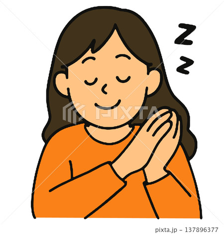 Woman sleep cartoon illustration orange peaceful hand gesture closed eyes happy 137896377