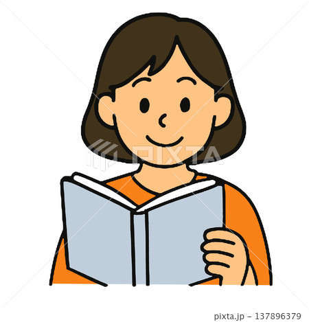 Smiling woman reading book, cartoon style, brown hair, orange shirt, white background Smiling woman reading book, cartoon style, brown hair, orange shirt, white background 137896379