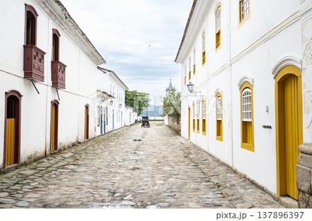 Wide view of a colonial cobblestone street with horse carriage 137896397
