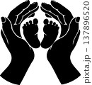 Silhouette of adult hands gently cupping tiny baby feet, symbolizing care and protection. 137896520