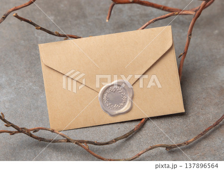 Blank sealed envelope mockup on grey stone with dry branches, copy space. Rustic stationery template 137896564