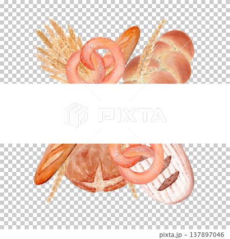 Bread baked goods banner with pretzel, baguette, wheat. Watercolor hand painted food illustration, horizontal composition with copy space for bakery menu, cafe, packaging, food design. isolated on 137897046
