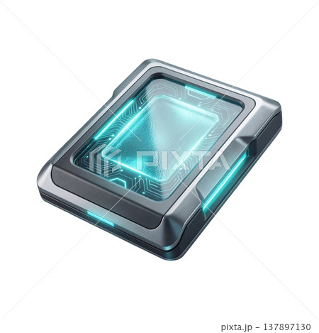 A sleek, futuristic data chip or portable storage device with glowing blue-green circuits and a metallic casing, isolated on a white background. 137897130