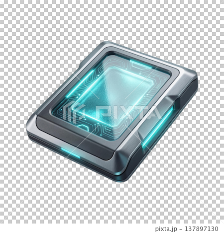 A sleek, futuristic data chip or portable storage device with glowing blue-green circuits and a metallic casing, isolated on a white background. 137897130