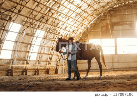 Walking around together. Man is with horse in the hangar Walking around together. Man is with horse in the hangar 137897190