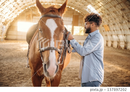 Secures the saddle. Man is with horse in the hangar Secures the saddle. Man is with horse in the hangar 137897202